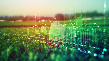 Large Green Farm with Rows of Crops Stretching Across the Horizon, with Blurred Background of Agriculture Market Charts Showing Crop Yield Trends and Pricing Forecasts