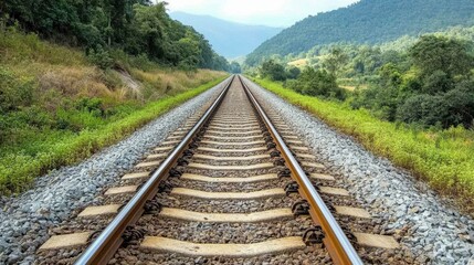 Obraz premium Railroad Tracks Through Lush Green Mountain Valley