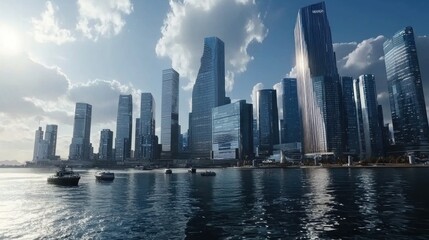 Obraz premium Modern city skyline, waterfront, sunset, boats, clouds