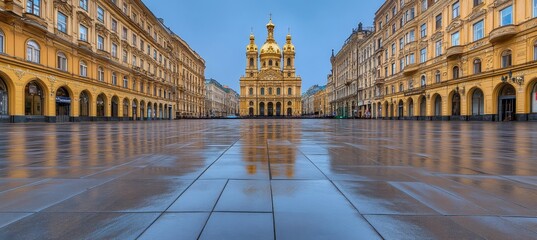 Obraz premium Empty City Square With Reflections Of Historical Buildings In The Early Morning Light