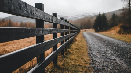 Dark Wooden Fence Lines Rural Roadside Landscape