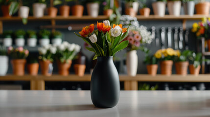 A stylish tulip bouquet featuring orange and white blooms in a matte black vase, displayed on a modern table with a colorful flower shop background.