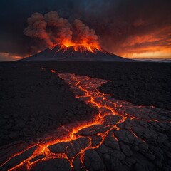 A volcanic pangon with glowing lava patterns, standing on a black volcanic plain under a fiery sky.