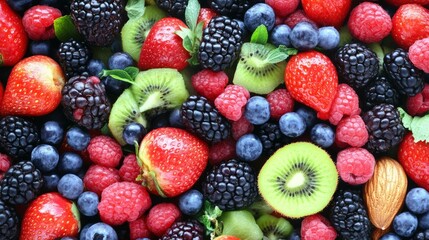 Obraz premium A Colorful Assortment Of Fresh Berries And Kiwi Slices
