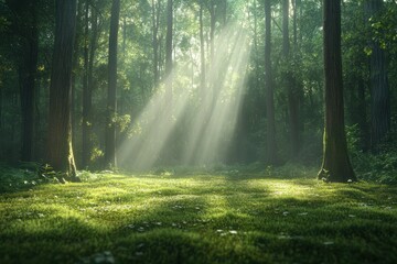 Obraz premium Sunlight filters through trees in a tranquil forest setting during early morning hours