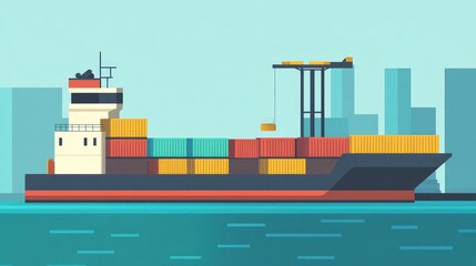 A colorful cargo ship loaded with containers, docked near a city skyline.
