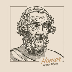 Portrait of Homer, Illustration in the style of a medieval engraving
