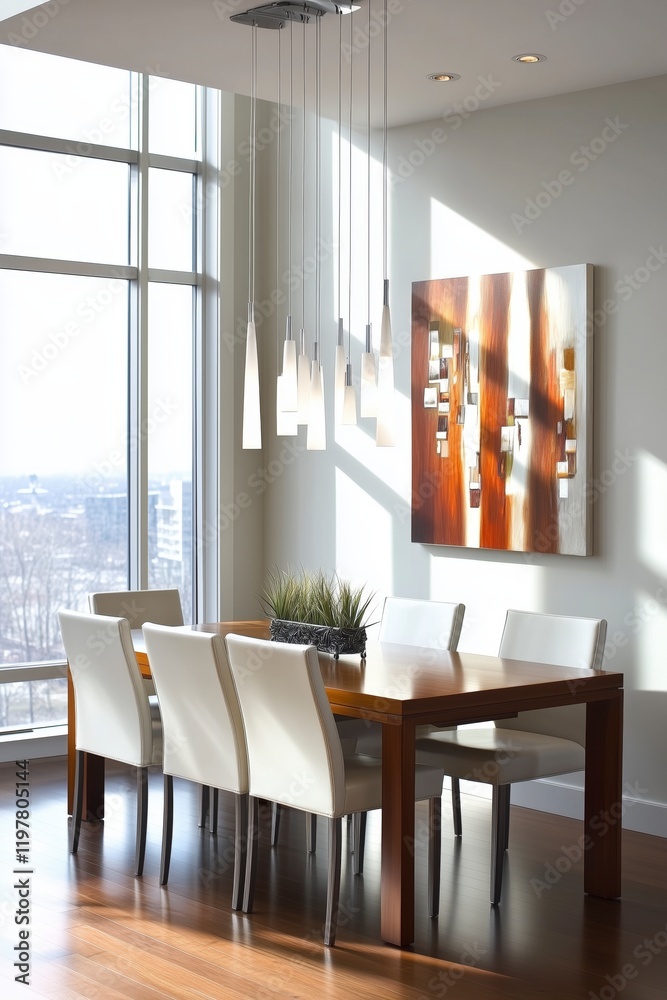 Aufkleber a large wooden dining table with white chairs and a painting on the wall. the painting is abstract a