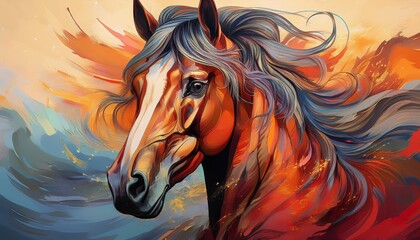 Vibrant Generative AICreated Painting of a Galloping Steed Against an Abstract Landscape, Embracing the Wild and Majestic Beauty of Nature