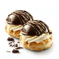 Two appetizing chocolate covered cream cakes sitting beside chocolate shavings on a white background