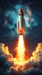 Obraz premium Rocket Launching into a Cosmic Sky