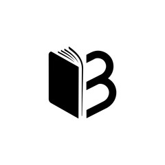 A minimalist illustration of a book logo with the letter 