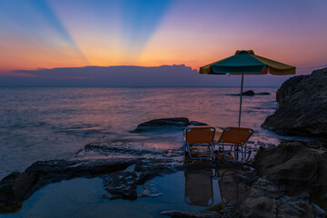 Sunrise on the beautiful Nikolas beach on the island of Rhodes in Greece. Seascape