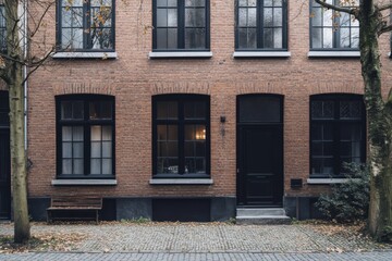 Naklejka premium Charming brick house with black doors and windows located on a peaceful cobblestone street surrounded by trees in an urban setting