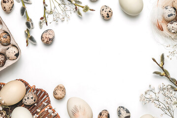 Happy easter flat lay composition with eco friendly easter eggs decor on white background. Layout design for invitation, card, flyer, banner, poster. Easter card, Easter eco organic banner