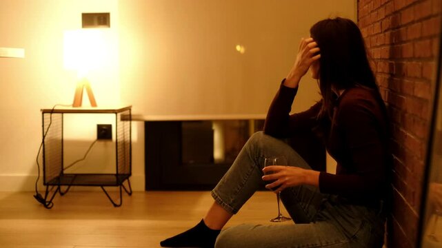Young woman sitting on the floor at home alone, holding a glass of wine, looking sad and desperate, struggling with heartbreak, loneliness, personal failure, and emotional distress