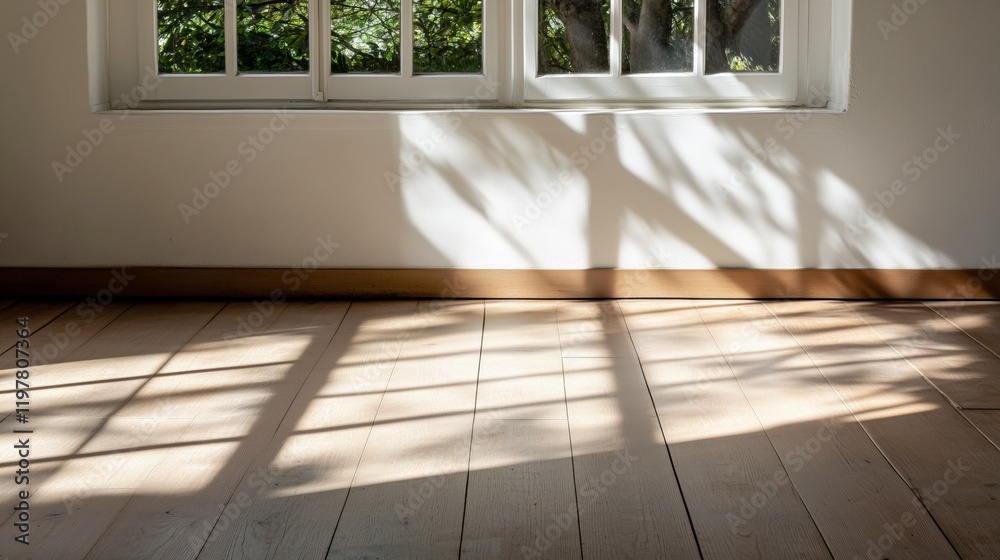 Aufkleber A room with a window and a wooden floor. The room is empty and the sunlight is shining through the window