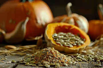 Ground pumpkin seeds and spices create a flavorful autumnal scene on a rustic wooden table, surrounded by fresh pumpkins
