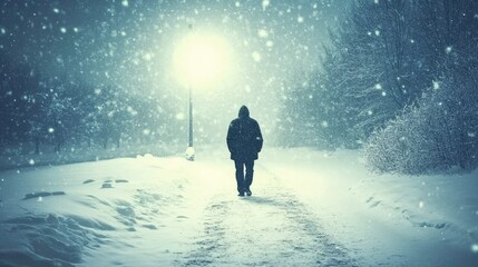 Lone Figure Walking Snowy Path Winter Night