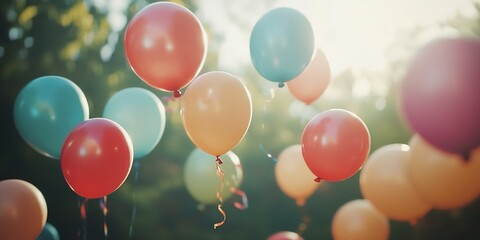 A group of colorful balloons floating in the air, creating an atmosphere filled with joy and celebration for special events like birthday parties or wedding ceremonies.