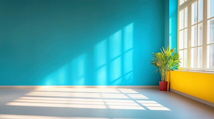 A large window in a room with a blue wall and a yellow trim. A potted plant sits in front of the window