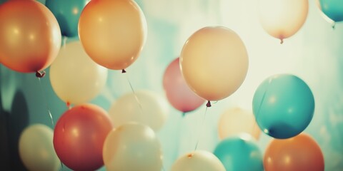 A group of colorful balloons floating in the air, creating an atmosphere filled with joy and celebration for special events like birthday parties or wedding ceremonies.