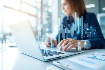 A professional woman analyzing data on a laptop, with digital graphs and charts overlaying the image. The scene highlights modern technology and business analytics.