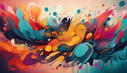Vibrant Abstract Painting with a Palette of Colors and Splatters, Capturing the Chaos and Creativity of an Artistic Workspace