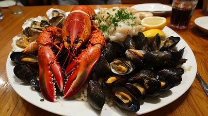 Seafood platter, restaurant, dinner, family, meal, wooden table, background blur, food photography