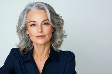 Fototapeta premium A confident older woman with stylish gray hair and a serene expression. She embodies grace and wisdom, showcasing the beauty of aging. Ideal for lifestyle and diversity themes.