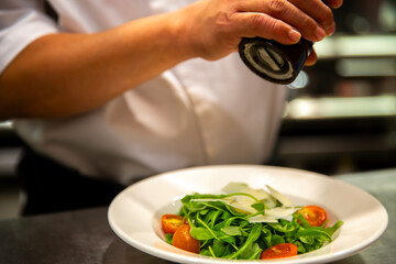 Cocinero empatando un plato en un restaurante