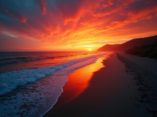 Fototapeta premium A breathtaking sunset over the ocean, with vibrant orange and red hues reflecting on the waves. The sun dips below the horizon, casting a warm glow over the beach.