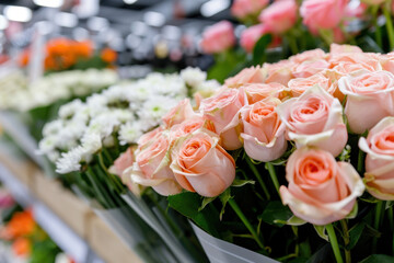 Obraz premium A stunning display of peach roses and white daisies wrapped in plastic, placed on shelves in a brightly lit flower store aisle. 