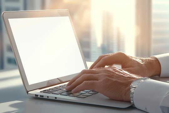 A close-up shot of hands typing on a laptop keyboard in a bright office environment. This image reflects productivity, technology, and modern workspaces.