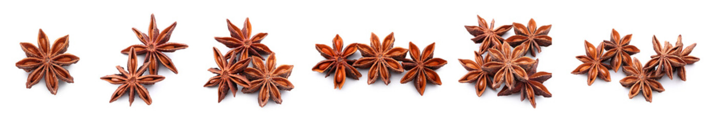 Set of star anise spice on white background, top view