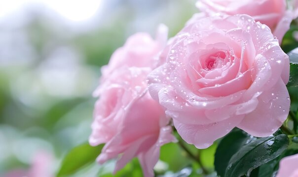 Pink roses garden dew drops closeup background