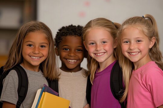 A joyful group of four diverse children smiling together. They stand close, each holding school books, embodying friendship and companionship in an educational setting.