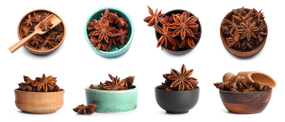 Set of bowls with star anise spice on white background