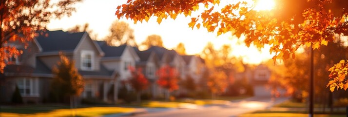 Warm autumn evening in suburban neighborhood with vibrant foliage at sunset