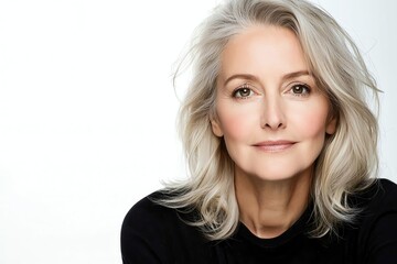 Naklejka premium A close-up portrait of a confident older woman with silver hair and a warm smile, showcasing beauty and elegance. Perfect for wellness, lifestyle, and empowerment themes.