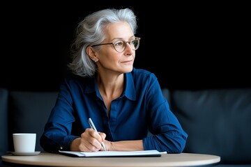 A thoughtful older woman writing in a notebook while sitting at a table in a cozy setting. She wears glasses and has silver hair, capturing a moment of reflection and creativity.