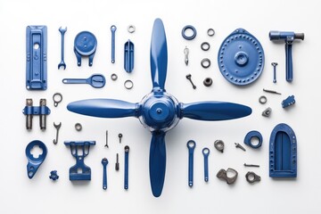 Blue airplane propeller with various tools and parts arranged artistically.
