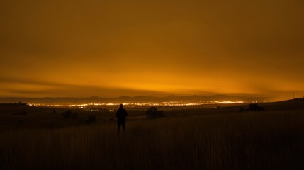 Fototapeta premium Silhouette Person Observing Distant City Lights At Night