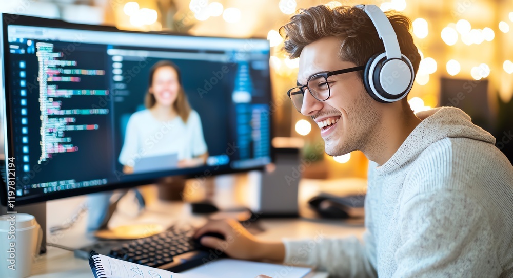 Poster a young man enjoying an online coding session. he is wearing headphones, smiling at a computer scree