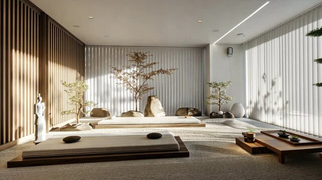 Serene Minimalist Interior Design Tranquil Space with Natural Elements, Stones, Plants, and Soft Lighting for Relaxation and Meditation