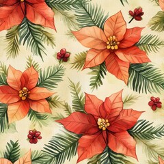 Festive Floral Pattern with Poinsettias and Greens