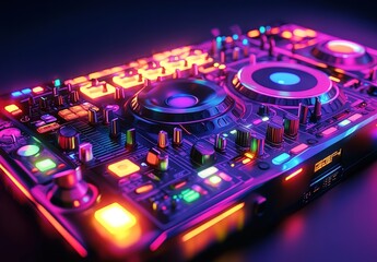 Fototapeta premium A close-up of a DJ's console with colorful lights and turntables, surrounded by various music equipment.