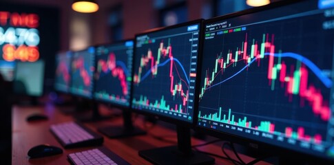 Financial charts displayed on multiple screens, candlestick chart, stock market