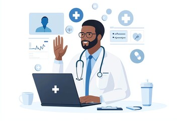 Fototapeta premium A professional doctor engages in a virtual consultation from his office, welcoming patients through digital means, illustrating modern telemedicine practices in healthcare.