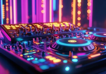 Obraz premium A close-up of a DJ's console with colorful lights and turntables, surrounded by various music equipment.